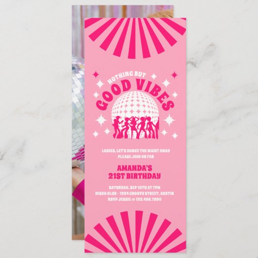 Good Vibes Groovy Pink Birthday Party Invitation Kaart (Voorkant / Achterkant)