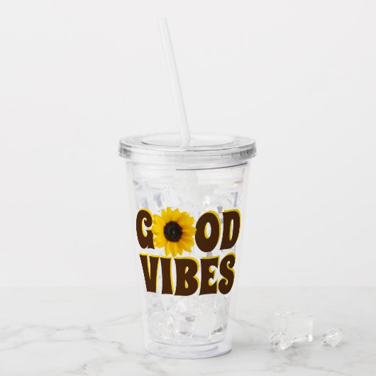 Good Vibes | Heldergeel zonnebloem Acryl Drinkbeker (Voorkant ijs)