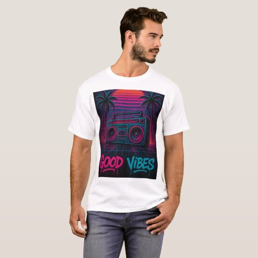 Good Vibes Neon Synthwave Graffiti Mural T-shirt (Voorkant volledig)