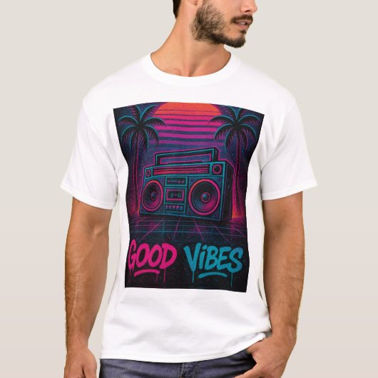 Good Vibes Neon Synthwave Graffiti Muurschildering T-shirt (Voorkant)