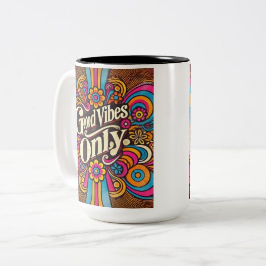 Good Vibes Only retro psychedelisch Tweekleurige Koffiemok (Voorkant links)