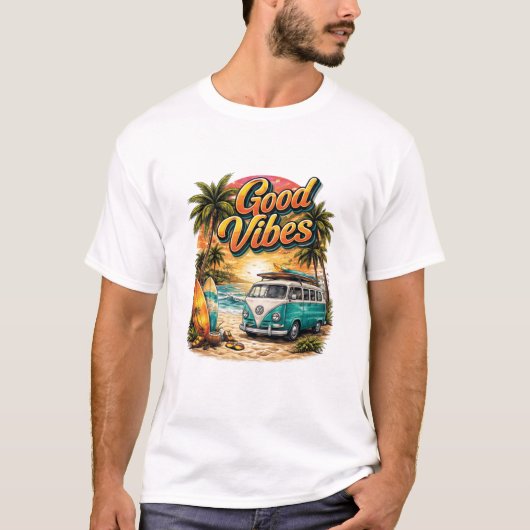 Good Vibes Retro Beach Van T-Shirt | Summer Surf  (Voorkant)