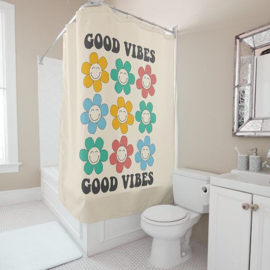 Good Vibes Retro Colorful Daisy Flowers Douchegordijn (In situ)