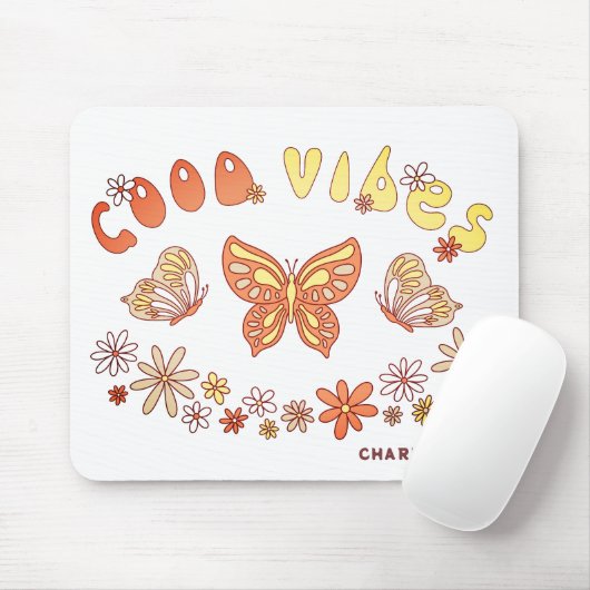 Good Vibes Retro Hippie Flower Butterfly Name Muismat (Met muis)