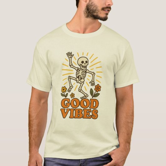 “Good Vibes” Skelet T-shirt – Retro Grappige Dans (Voorkant)