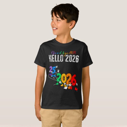 Goodbye 2025 Hello 2026 Funny Cartoon New Year Boy T-shirt (Voorkant volledig)