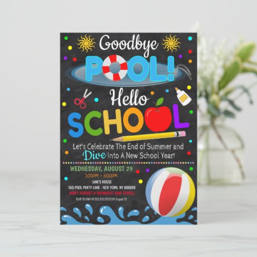 Goodbye Pool Hallo School Party Uitnodiging (Staand voorkant)