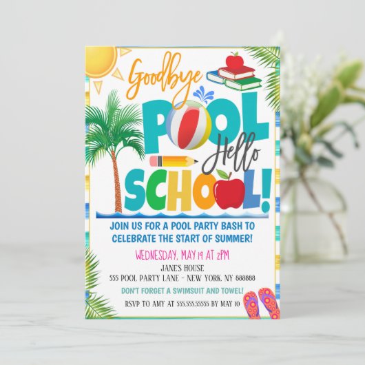 Goodbye Pool Hallo School Party Uitnodiging (Staand voorkant)