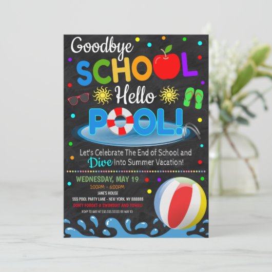 Goodbye School Hallo Pool Party Uitnodiging (Staand voorkant)
