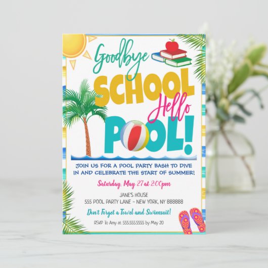 Goodbye School Hallo Pool Party Uitnodiging (Staand voorkant)