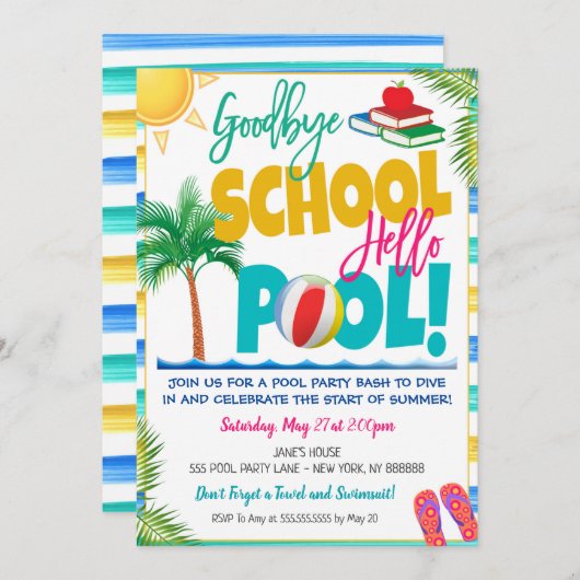 Goodbye School Hallo Pool Party Uitnodiging (Voorkant / Achterkant)