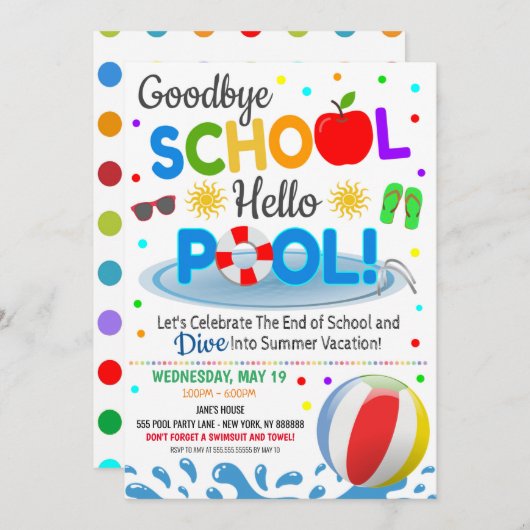 Goodbye School Hallo Pool Party Uitnodiging (Voorkant / Achterkant)