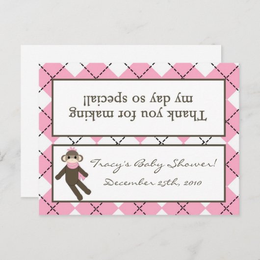 Goody Bag Topper Pink Argyle Sock Monkey Uitnodiging Briefkaart (Voorkant / Achterkant)