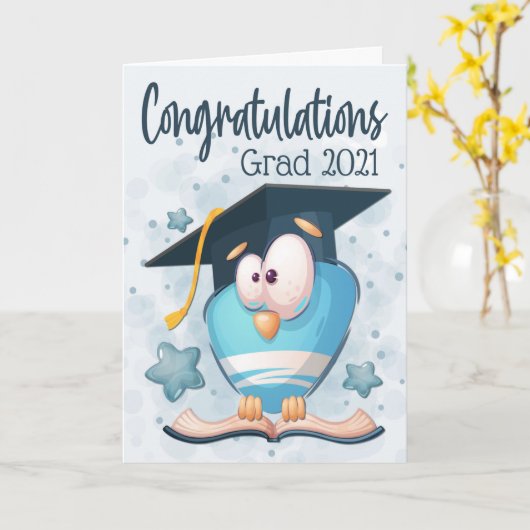 Goofy Blue Owl met Afstuderen Pet Kaart (Gele Bloem)