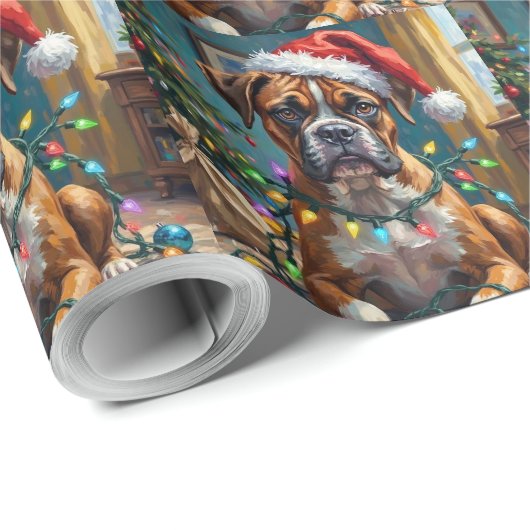 Goofy Boxer Dog Tangled in Christmas Lights Cadeaupapier (Rol Hoek)