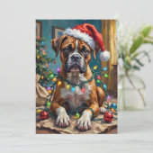 Goofy Boxer Dog Tangled in Christmas Lights Feestdagenkaart (Staand voorkant)