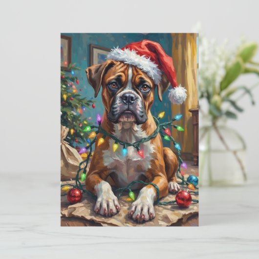 Goofy Boxer Dog Tangled in Christmas Lights Feestdagenkaart (Staand voorkant)