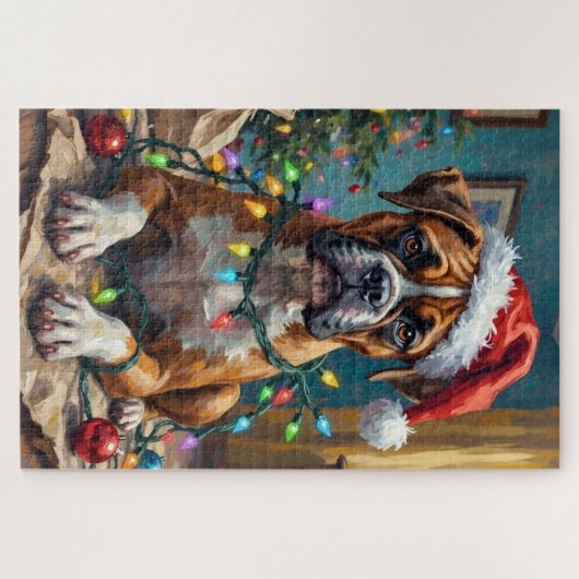 Goofy Boxer Dog Tangled in Christmas Lights Legpuzzel (Horizontaal)