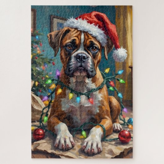 Goofy Boxer Dog Tangled in Christmas Lights Legpuzzel (Verticaal)