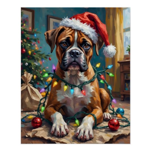 Goofy Boxer Dog Tangled in Christmas Lights Perfect Poster (Voorkant)