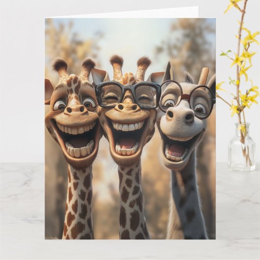 Goofy Giraffes in een bril Kaart (Gele Bloem)