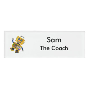 Goofy yellow speelgoed robot naambadge
