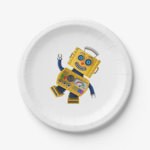 Goofy yellow speelgoed robot papieren bordje