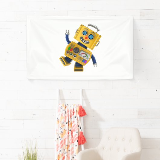 Goofy yellow speelgoed robot spandoek (Insitu)