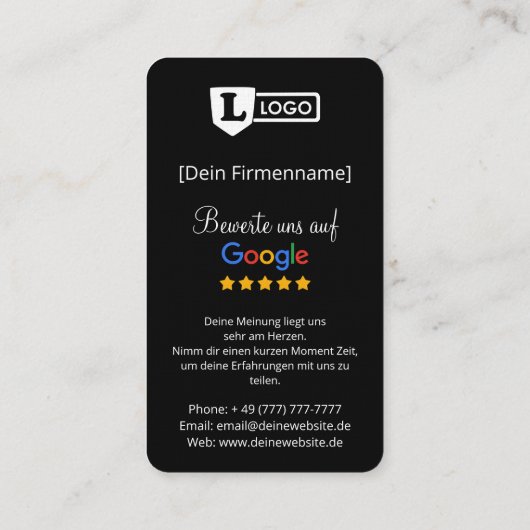 Google Bewertungskarte mit QR code Visitekaartje (Achterkant)