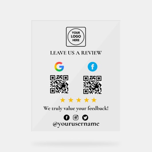 Google Facebook Review QR Acryl Bordje Bord (Voorkant)