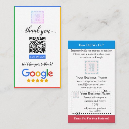 Google Review Kaart met Coupon Cutoff & QR Code Visitekaartje (Voorkant / Achterkant)