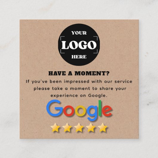 Google Review met QR Code Link Kraft Rustic Vierkante Visitekaartje (Voorkant)