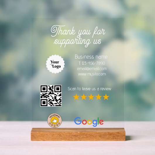 Google Review Mijn Bedrijf Zwart QR Code Logo Acryl Bord (Neutraal)