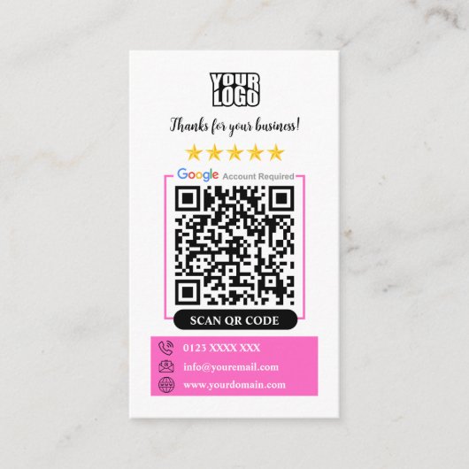 Google-Reviewen | Zakelijke Review US Roze QR-code Visitekaartje (Voorkant)