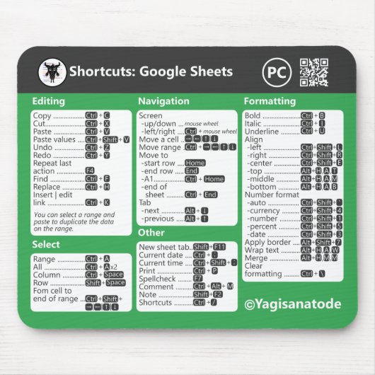 Google Sheets Keyboard Shortcuts for PC Mouse Pad Muismat (Voorkant)