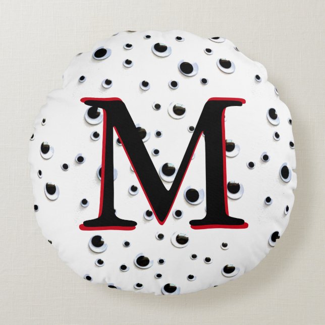 Googly Eyes Black en White Red Trendy Monogram Rond Kussen (Voorkant)