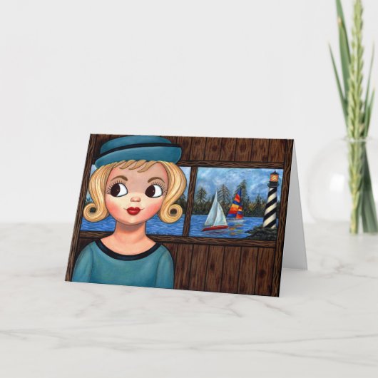 Googly Girl Sailor Head Vase Lighthouse Sailboot Kaart (Voorkant)