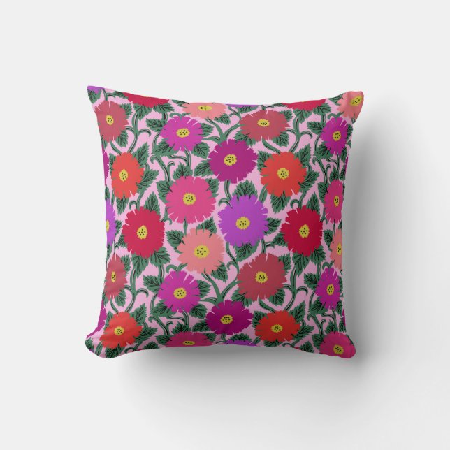 Gooi kussen met roze en rode daisy print (Voorkant)