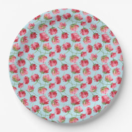 Gooide Crimson Rode Waterverf Bloemen Polka Dots Papieren Bordje