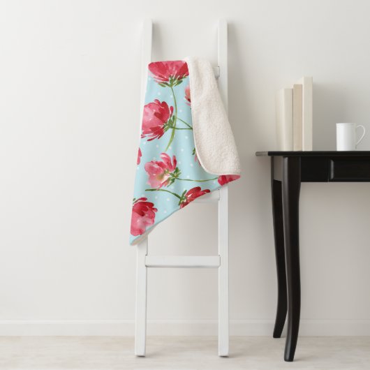 Gooide Crimson Rode Waterverf Bloemen Polka Dots Sherpa Deken (In situ)