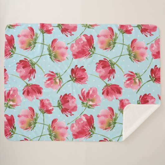 Gooide Crimson Rode Waterverf Bloemen Polka Dots Sherpa Deken (Voorkant (horizontaal))