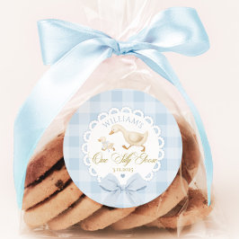 Goose 1st Birthday Blue gingham One Silly Goose Ronde Sticker