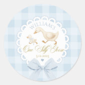 Goose 1st Birthday Blue gingham One Silly Goose Ronde Sticker (Voorkant)