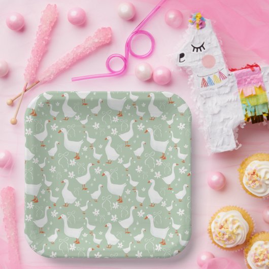 Goose and bows green papieren bordje (Feest)