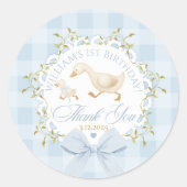 Goose Birthday Blue Gingham Thank you Ronde Sticker (Voorkant)