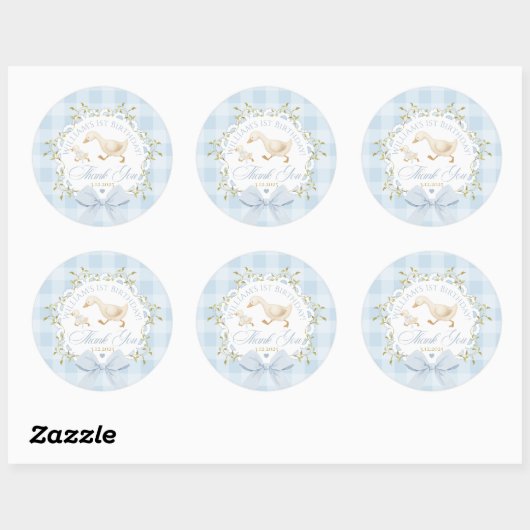 Goose Birthday Blue Gingham Thank you Ronde Sticker (Vel)