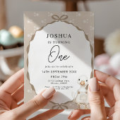 Goose First Birthday Invitation in Neutral Beige Kaart