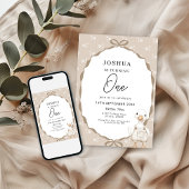 Goose First Birthday Invitation in Neutral Beige Kaart