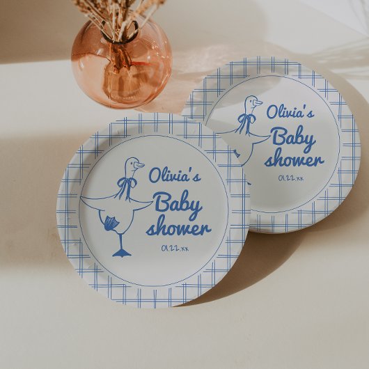 Goose Hand Drawn Blue Boy Classic Baby Shower  Papieren Bordje