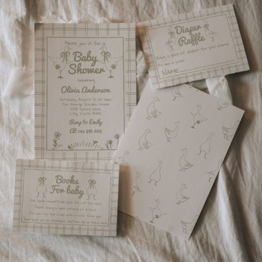 Goose Hand Drawn Green Neutral Classic Baby shower Kaart